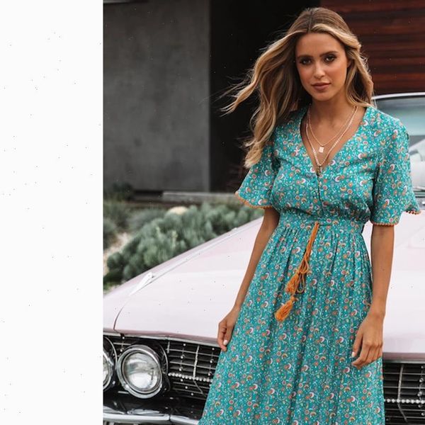

frieda retro chic maxi women dress summer elegant short sleeve v neck high waist floral print boho beach long, Black;gray