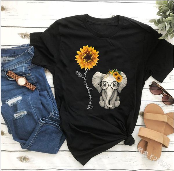 

fashion t-shirts 2021 elephant suower print loose casual women's, White