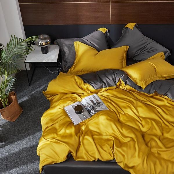 

bedding sets luxury women gray yellow 100% silk set nature silky soft duvet cover  king sheet pillowcase 4 pieces
