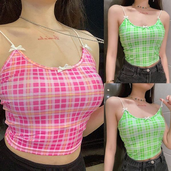 

camisoles & tanks #48 fashion women's slim knot checked camisole with navel open back base crop women camiseta tirantes mujer, Black;white