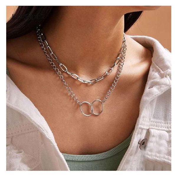 

pendant necklaces hahagirl punk layered chain necklace neck chains for women vintage exaggerated golden goth hoop metal clavicle jewelry, Silver