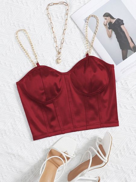 

chain detail silky bustier cami crop b9qv#, White
