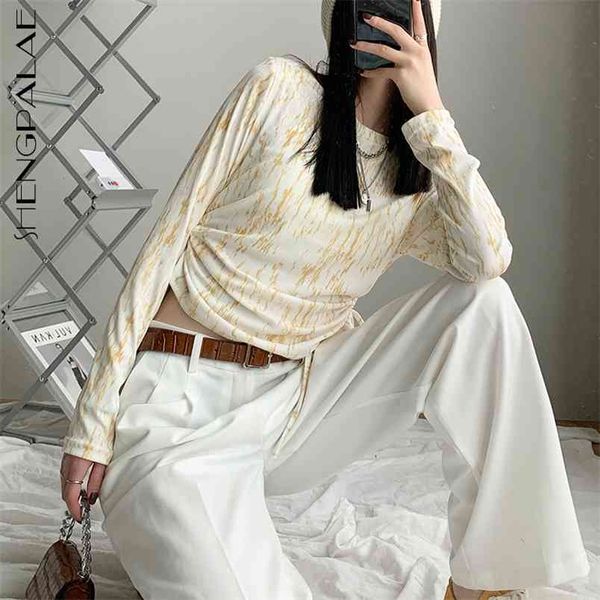

tie dye hollow out drawstring women's summer round neck long sleeve short t-shirt female tide 5e248 210427, White