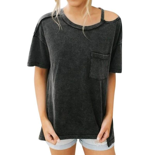 

women's t-shirt women round neck loose t-shirts off shoulder female casual pocket short sleeve, White