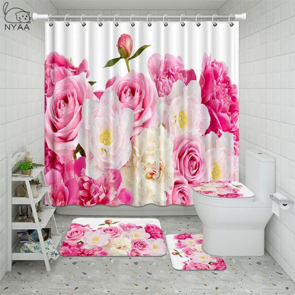 

trendy girly pink romatic flower peony polyester shower curtain set non slip rugs carpet for bathroom toilet bath mat 4pcs curtains