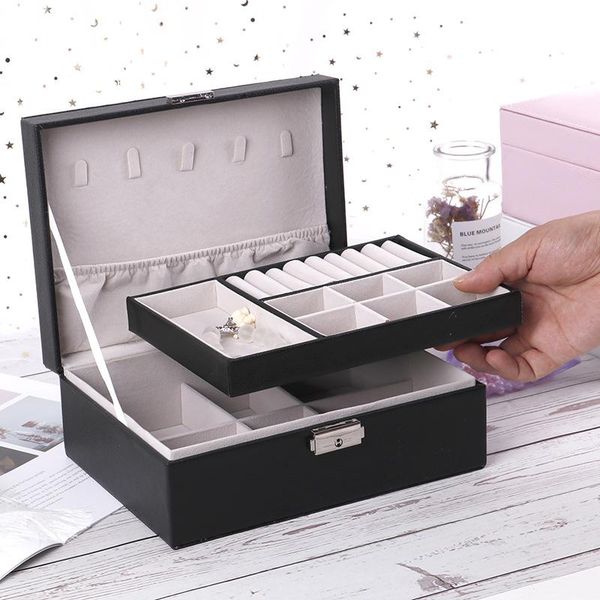 

bilayer leather jewelry box earrings necklaces pouch storage bags