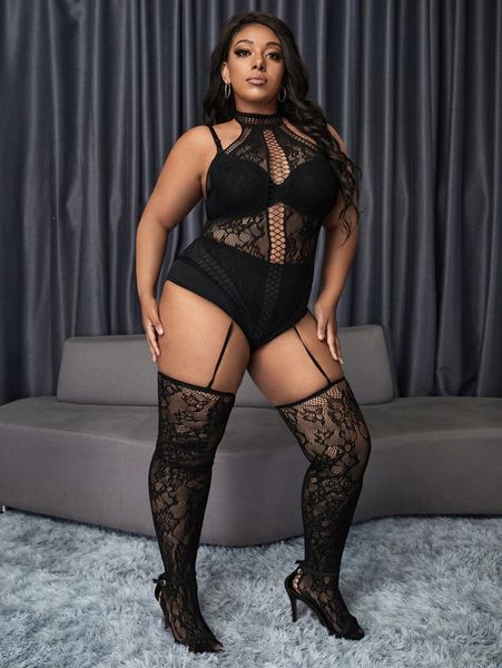 

plus fishnet teddy bodysuit without lingerie 61yk#, Black;white
