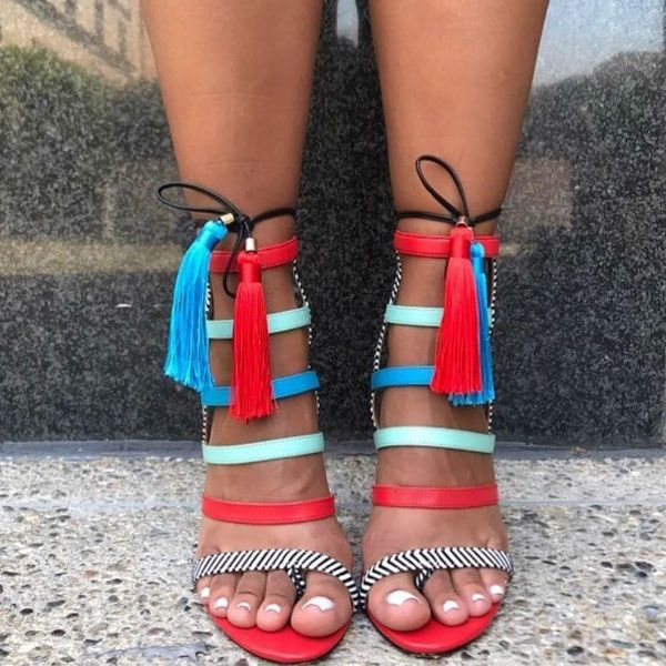 

sandal patent brilliant leather of multiple colors lace up women tassel fringe summer designer high heel sandals, Black