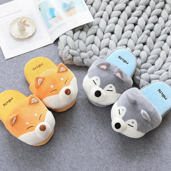 

winter slippers dog warm home floor non-slip cartoon brown kawaii women shoes type heel height fit season, Black