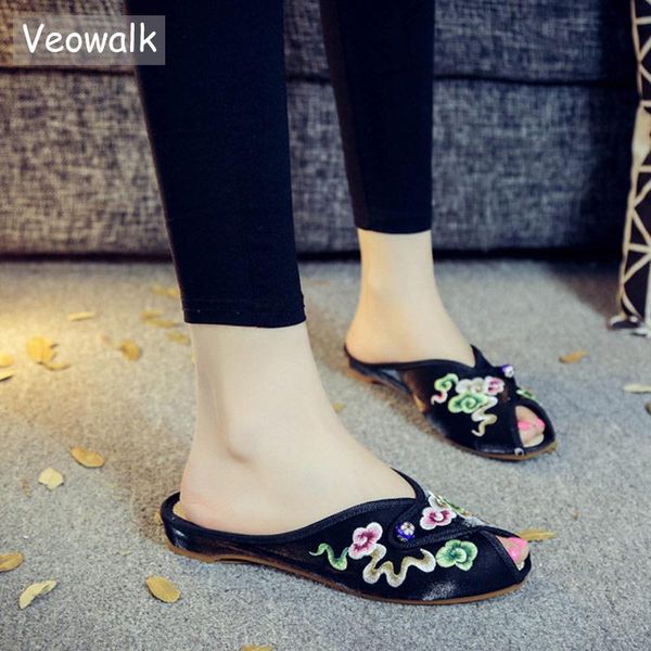 

slippers veowalk open peep toe women floral embroidered flannel cotton fabric slides vintage ladies casual slip on summer shoes, Black