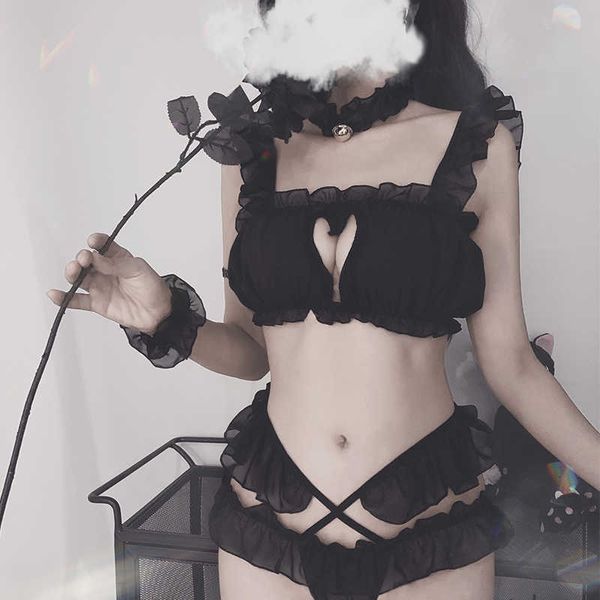 Japon Kedi Kız Üniformaları Seksi Cosplay Lingerie Aşk Hollow Sutyen Ve Külot Sevimli Bunny Günaha Şifon Pijama Erotik Set Y0911