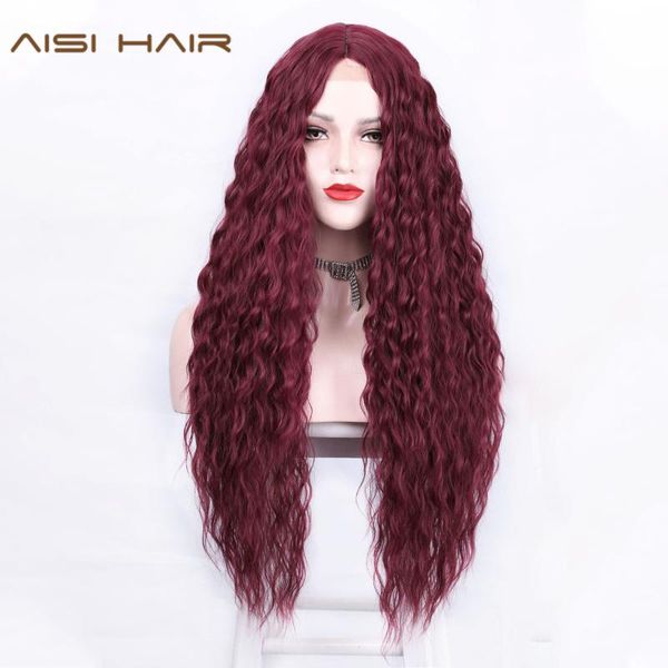 

synthetic wigs aisi hair long kinky curly wig wine red for women middle part black/brown/mixed color high temperature fiber