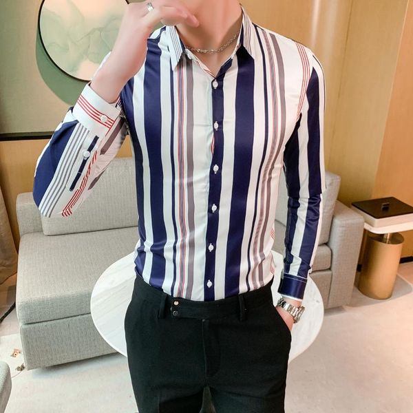 

style fashion british men striped shirt brand 2021 spring long sleeve mens dress shirts slim fit casual blouse homme 5xl- men's, White;black