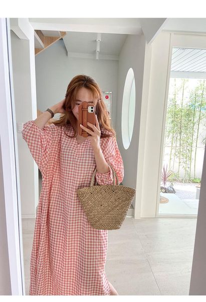 

casual dresses women's plaid v-neck seven-point bubble sleeve split cotton and linen series loose comfortable long skirt, Black;gray