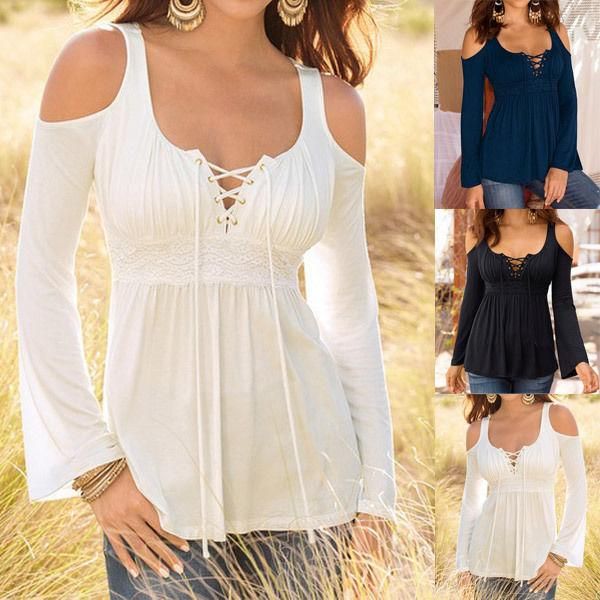 

women's t-shirt fashion women tshirt long sleeve shirt casual lace loose cotton t clothes, White