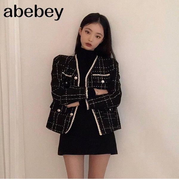 

women's jackets luxury designer wool coat women black vintage v neck plaid tweed golden buttons elegant office lady outwear korean a396, Black;brown