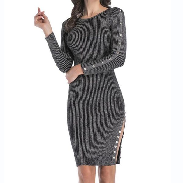 

casual dresses elegant female knitted dress winter autumn side split striped skinny sweater for women party club bodycon, Black;gray