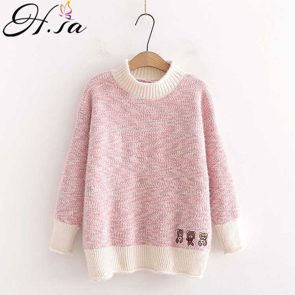 

h.sa women pullover and sweaters half turtleneck knitted pull jumpers cartoon bear embroidery sweater patchwork pull 210716, White;black