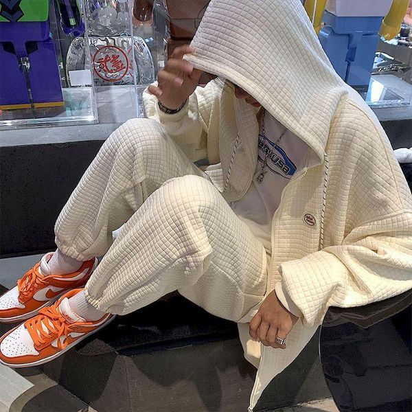 

men's tracksuits fonekie waffle sweatpants and hoodie set mens casual sports suits autumn korean hooded sweatshirt trousers two piece s, Gray