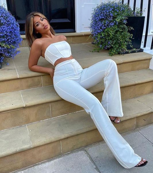 

solid color 2 pieces womens pants suit strapless slim backless zipper tube high waist flared outfits, White