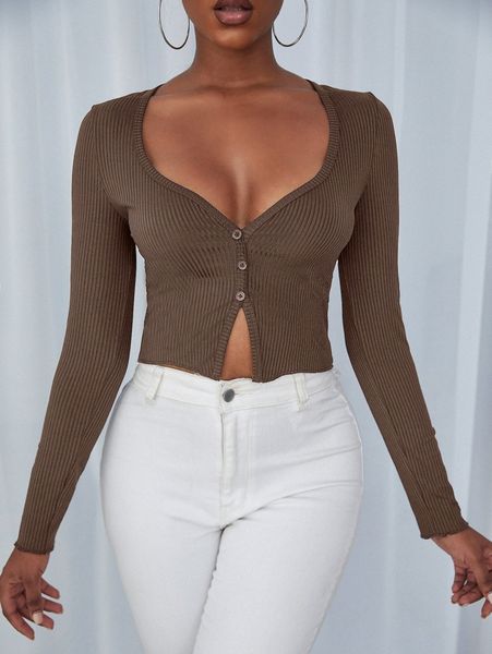

ribbed knit button front crop i4wq#, White