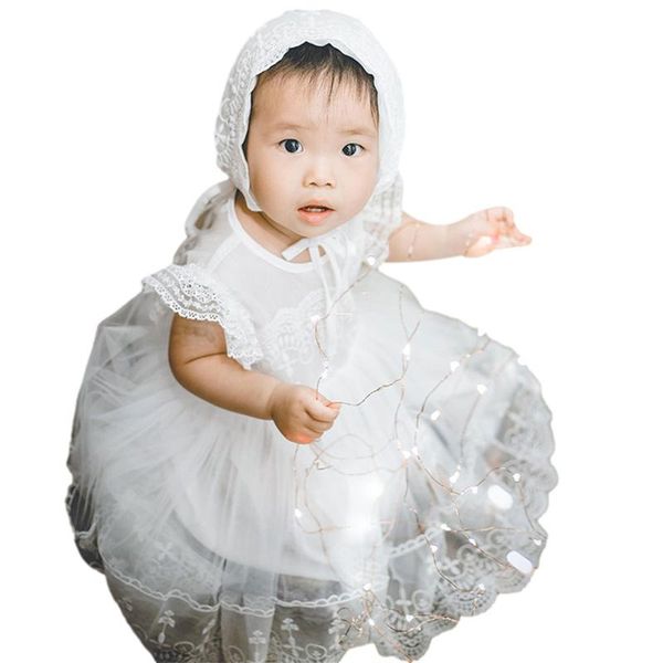 

clothing sets baby baptism dress toddler girls lace crochet o-neck ruffled-sleeve bubble skirt for birthday party banquet 0-24 months, White