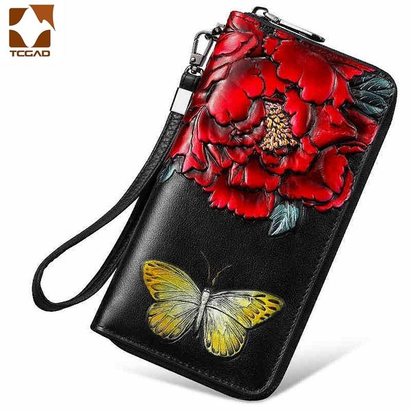 

genuine leather wallet for women flower women's long wallet cow leather ladie clutch coin purse carteras para mujer bayan czdan 220217, Red;black