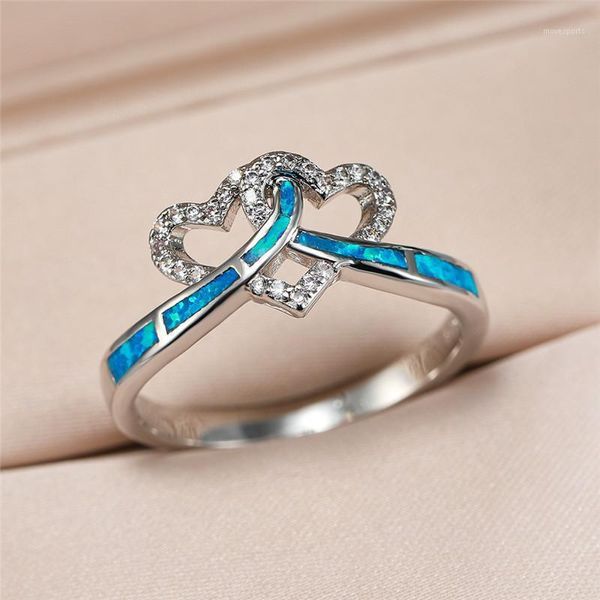 

wedding rings cute double heart cross ring white blue fire opal for women vintage rose gold silver color engagement couples jewelry1, Slivery;golden