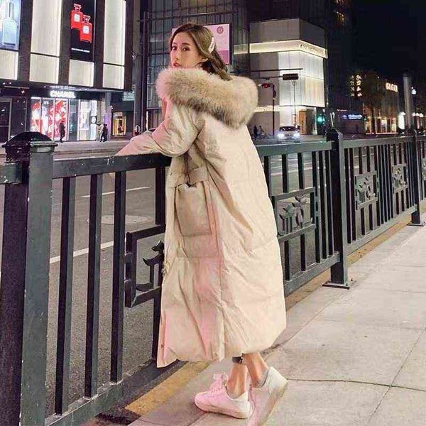 

style down padded jacket women's mid-length over the knee korean loose thick fur collar coat winter clothes women 211130, Black