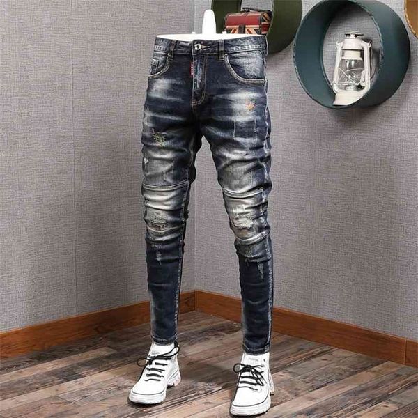 Мода Streetwea Men Jeans Slim Fit Эластичные уничтоженные разорванные джинсовые брюки окрашенные сращенные дизайнерские брюки хип-хоп Punker Biker 210716