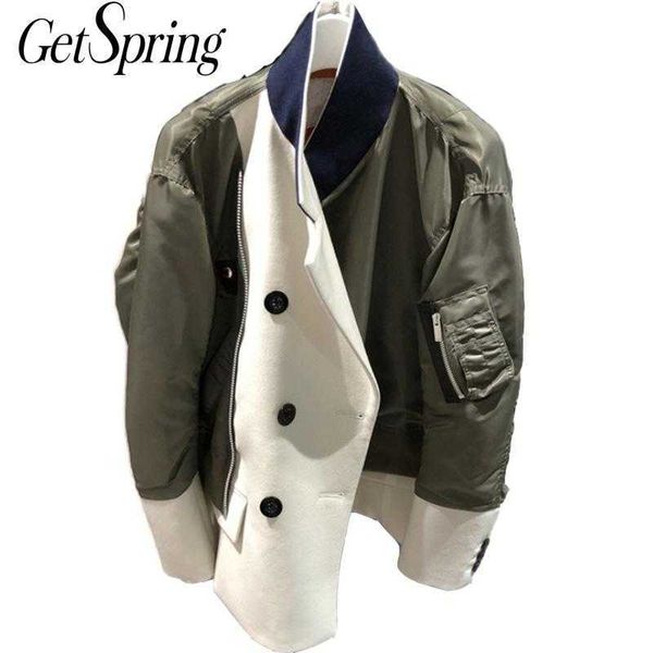 Getspring mulheres casaco de patchwork lã exército verde jaquetas irregulares assimetria cor correspondência vintage inverno outwear 211015