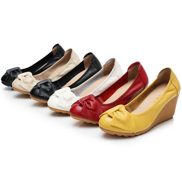 

dress shoes 2021 high-heeled leather comfortable single wedge mother butterfly-knot pumps women's wedges, Black