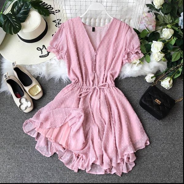 

v collar flocking point womens romper chiffon couplet girls summer short playsuits women sleeve sweet jumpsuits, Black;white