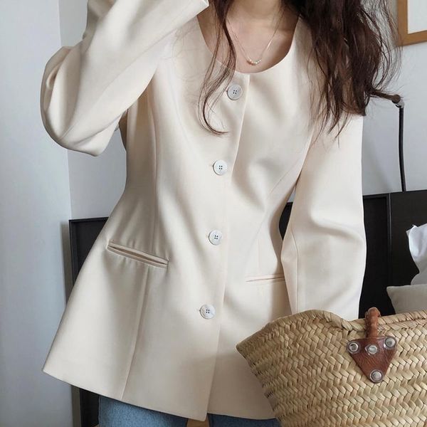 

women's suits & blazers korean chic o neck long sleeve slim waist blazer women solid elegant office lady autumn 2021 suit coat design l, White;black