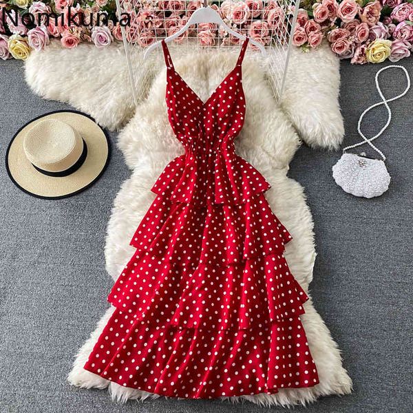 

nomikuma summer new spaghetti strap dress korean dot layered-ruffle vestidos femme causal sleeveless v-neck dresses 6e689 210427, Black;gray
