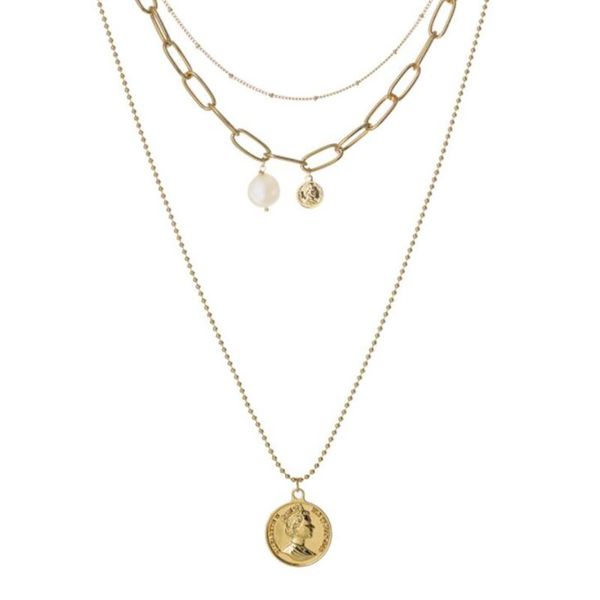 

chains alloy delicate england queen coin disc long chain pearl baroque necklace jewelry gift for him, Silver