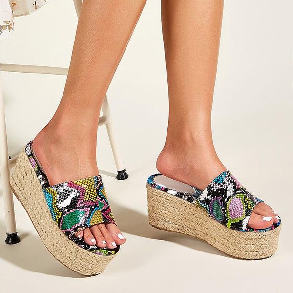 

slippers women platform ladies slides outdoor shoes causal high heel peep toe female flip flops snake pattern, Black