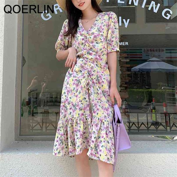 Floral Vestido Impresso Mulheres Verão Elegante Long Francês Retro V-pescoço Dureza Roxo Chiffon Plus Size 210601