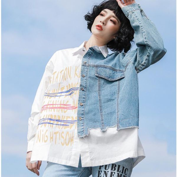 

women's blouses & shirts [ewq] 2021 summer streetwear long-sleeved printed white shirt coat female thin section wild denim stitching bl