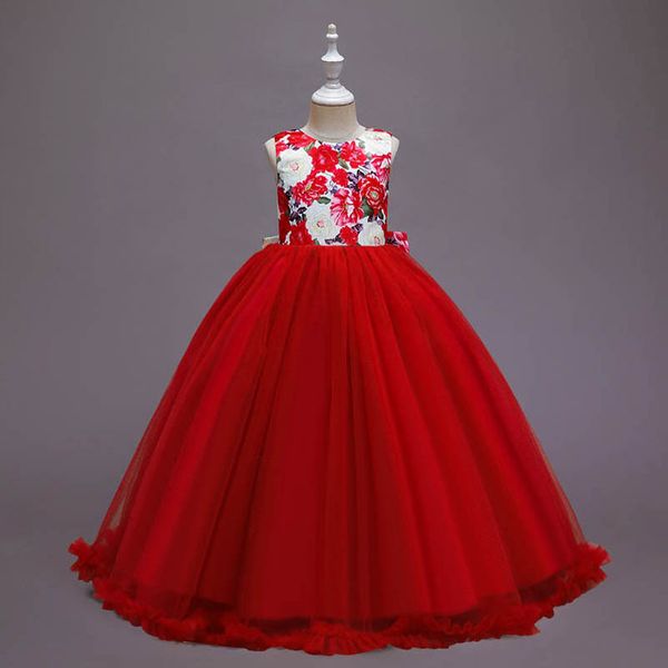 

girls dresses kids clothes children wear long rose print mesh pettiskirt child flower lace party formal dress b7237, Red;yellow
