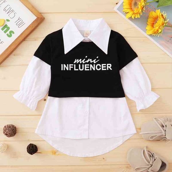 

1 4y toddler girls 2pcs spring autumn clothes sets solid long sleeve shirts dress letter print outfits for children, White