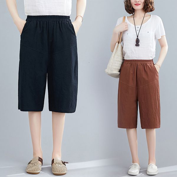 

women's shorts cotton hemp pant 2021 summer literature and art elastic waist lace up wide leg solid color comfortable casual pants, White;black