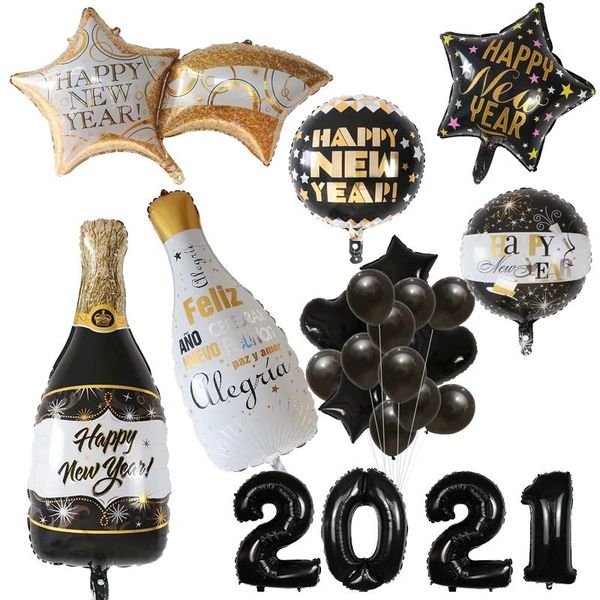 

party decoration 2021 happy year foil balloon for marry christmas 18'' black spanish white bottle helium globos eve supplies