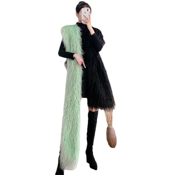 

women's fur & faux gamporl clothes beach-like wool long plush scarf fashionable ladies fluffy 2021 style winter party, Black