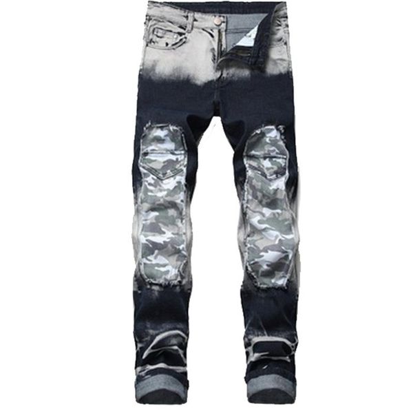 

men's jeans nostalgic ripped hole color matching patch trim stretch pants, Blue