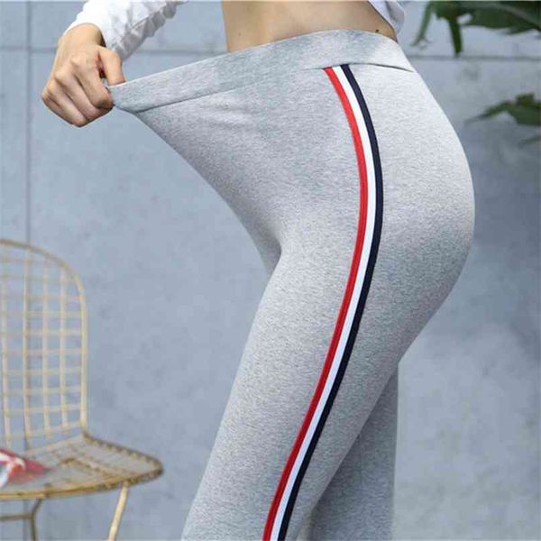 

cotton leggings side stripes women casual legging pant plus size 5xl high waist fitness leggins plump female 210820, Black
