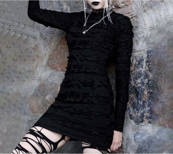 

ruibbit hollow out gothic bodycon black dress y2k style long sleeve women mini dresses punk high waist with hole streetwear casual, Black;gray