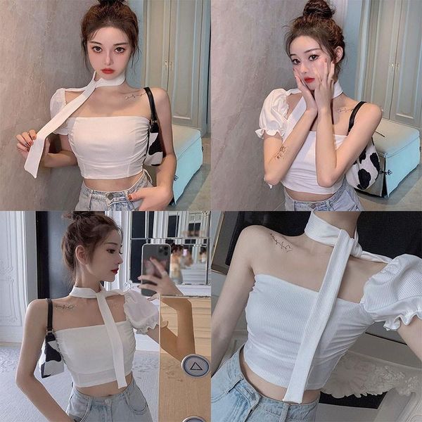 

women's t-shirt fashion one-shoulder puff sleeve halter sweet slim, White