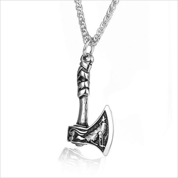 

pendant necklaces viking wolf axe necklace stainless steel double raven and jewelry, Silver