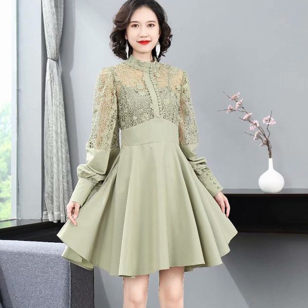 

spring women lace dress green loose casual laides lantern sleeve stand neck stitching cutout robe party clothing w590 210510, Black;gray